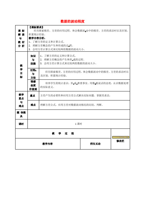 2018春人教版数学八年级下册20.2《数据的波动程度》word教案3