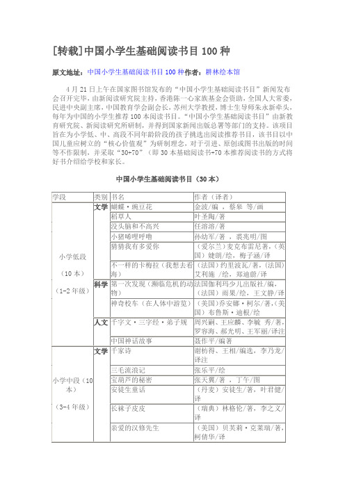 中国小学生基础阅读书目100种