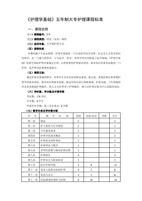 五年大专护理学基础及实训大纲