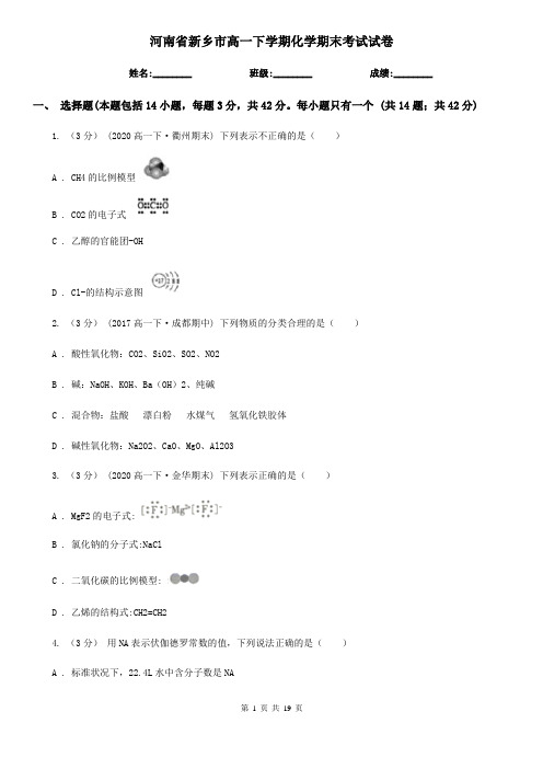 河南省新乡市高一下学期化学期末考试试卷