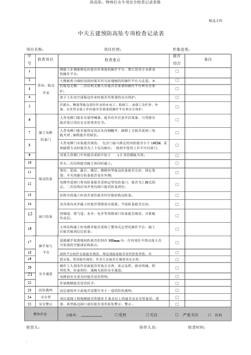 防高坠、物体打击专项安全检查记录表格