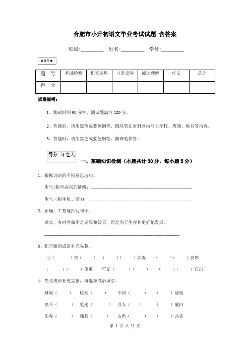 合肥市小升初语文毕业考试试题 含答案