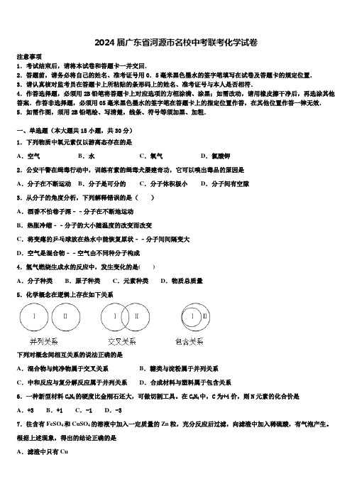 2024届广东省河源市名校中考联考化学试卷含解析