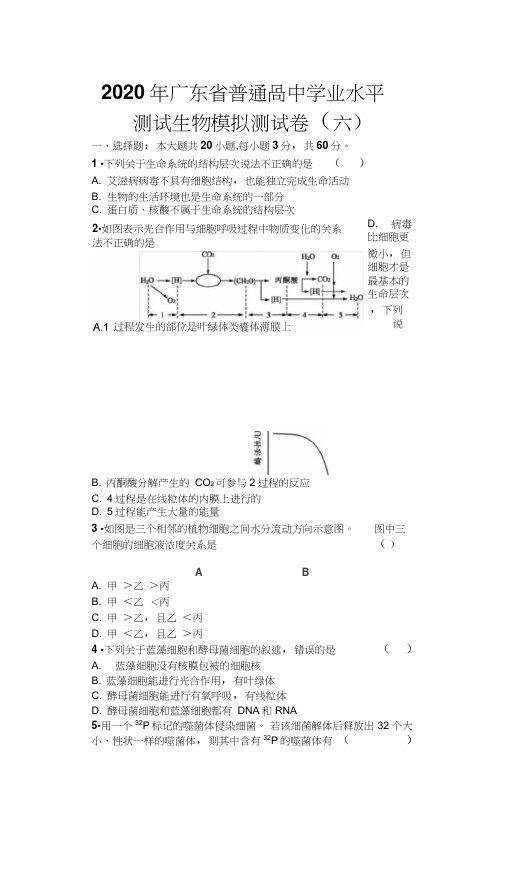 2020年广东省普通高中学业水平测试生物模拟测试卷(六)