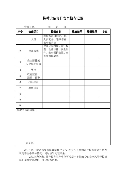 特种设备每日安全检查记录