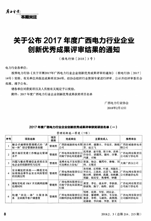 关于公布2017年度广西电力行业企业创新优秀成果评审结果的通知