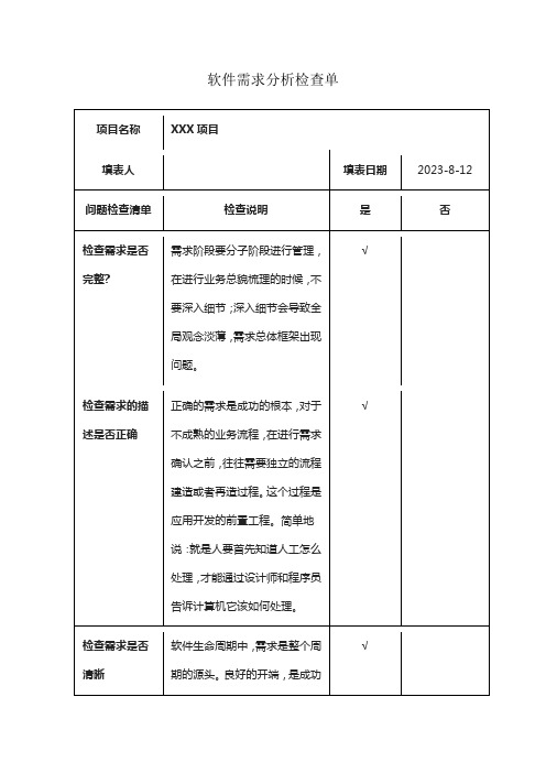 软件需求分析检查单