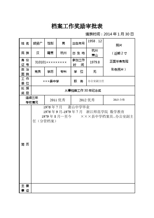 档案工作奖励审批表