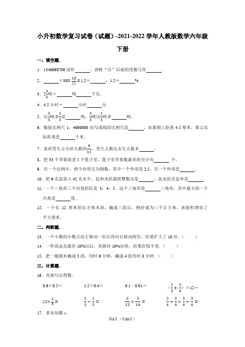 小升初数学复习试卷  2021-2022学年人教版数学六年级下册(含答案)1