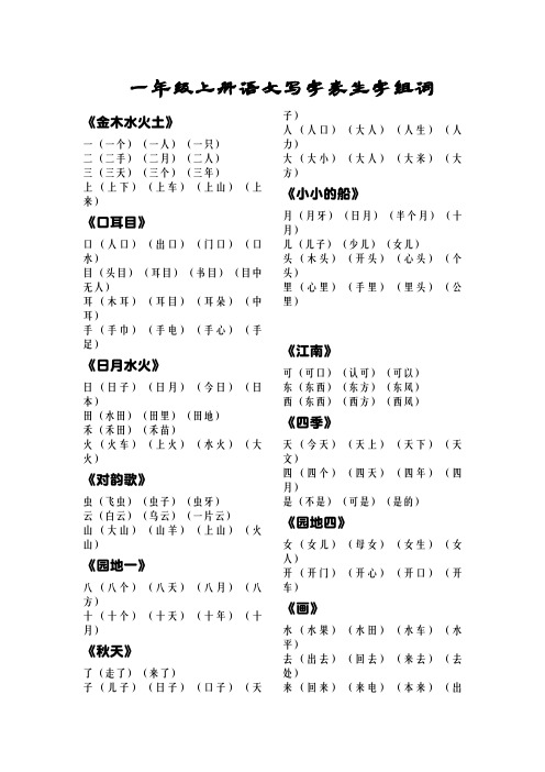 部编人教版一年级上册语文写字表生字组词