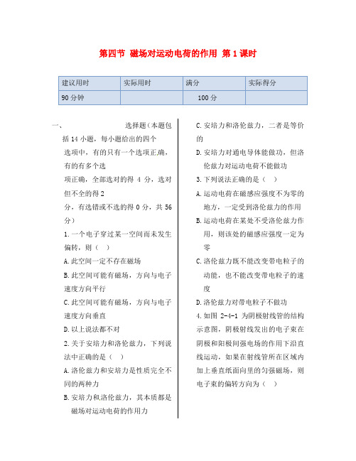 湖南省醴陵市青云学校高中物理 第二章 第四节 磁场对运动电荷的作用第1课时同步检测 新人教版选修1-1