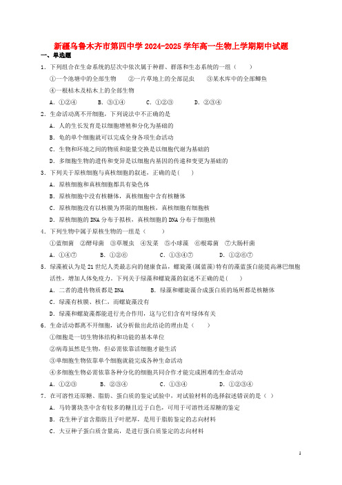 新疆乌鲁木齐市第四中学2024_2025学年高一生物上学期期中试题