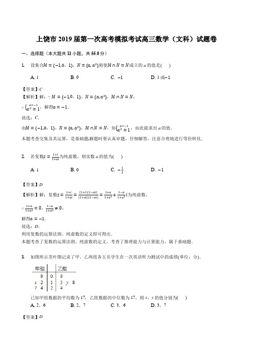 江西省上饶市2019届第一次高考模拟考试高三数学(文科)试题卷(精品解析)