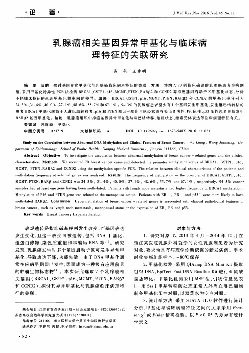 乳腺癌相关基因异常甲基化与临床病理特征的关联研究