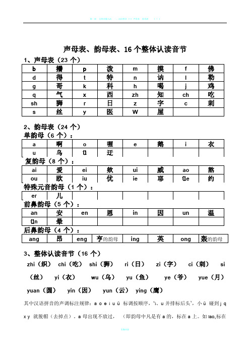 声母表,韵母表,16个整体认读音节