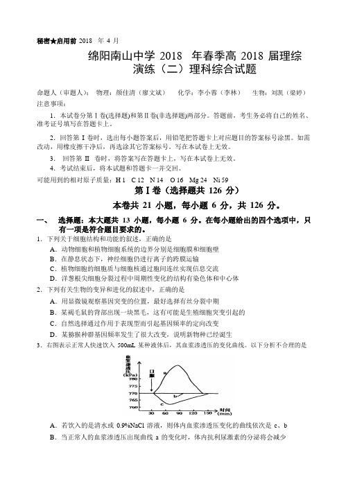 四川省绵阳南山中学2018届高三下期高考仿真演练二理综试卷含答案