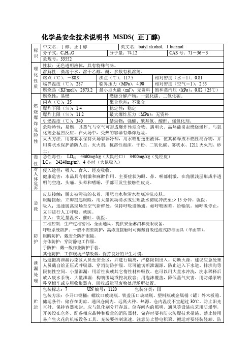 化学品安全技术说明书 MSDS( 正丁醇)