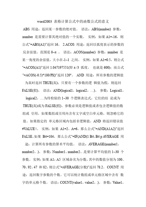 word2003 表格计算公式中的函数公式的意义