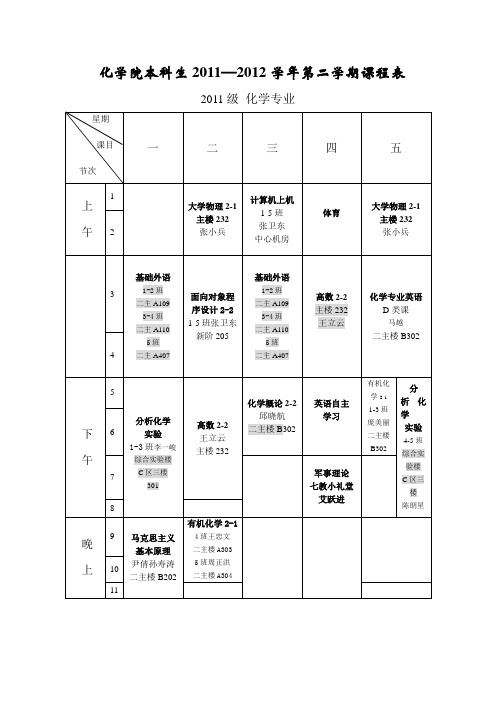 南开大学化学学院第二学期课表