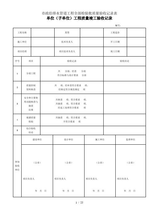 市政给排水管道工程全部检验批质量验收记录表