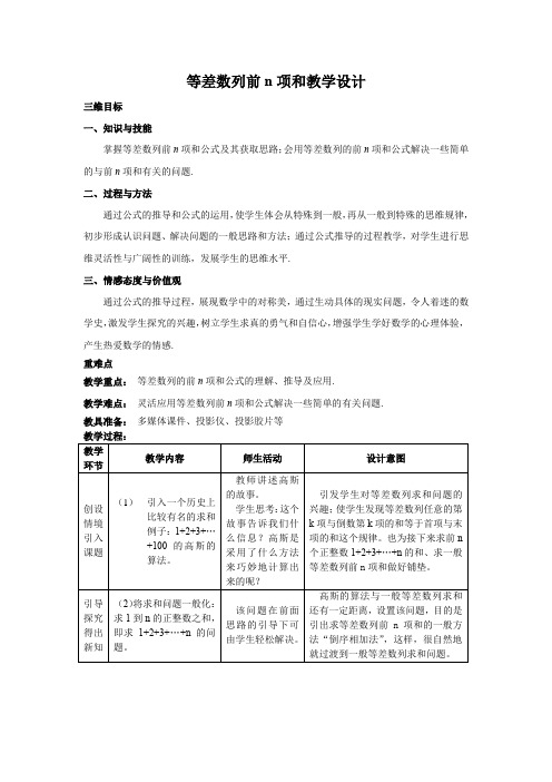 高中数学_等差数列前n项和教学设计学情分析教材分析课后反思