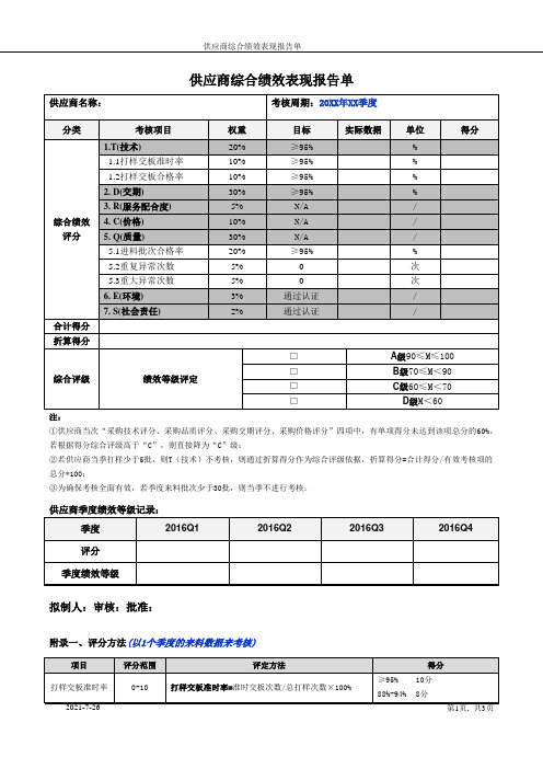 供应商综合绩效表现报告单[模板]