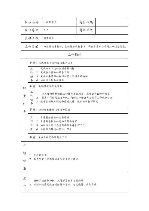 一级销售员--营销业务类岗位职责说明书