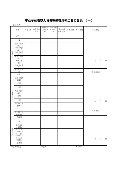 事业单位在职人员调整基础绩效工资汇总表(一)
