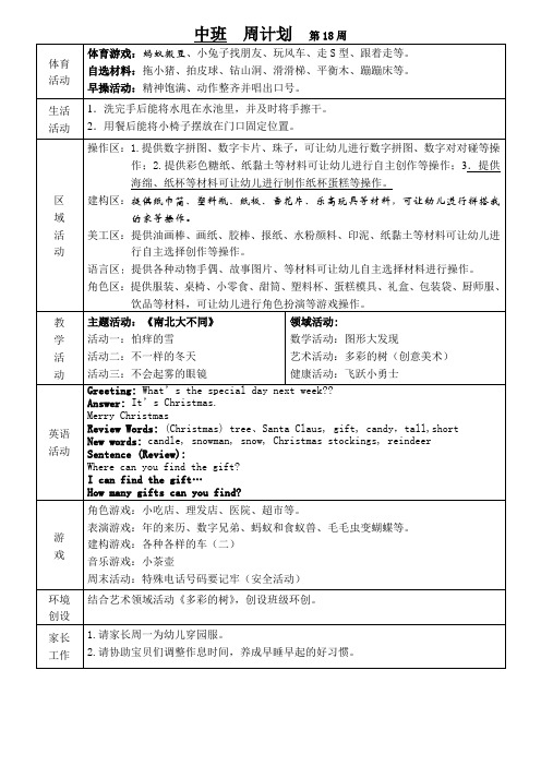 幼儿园班级周计划第18周