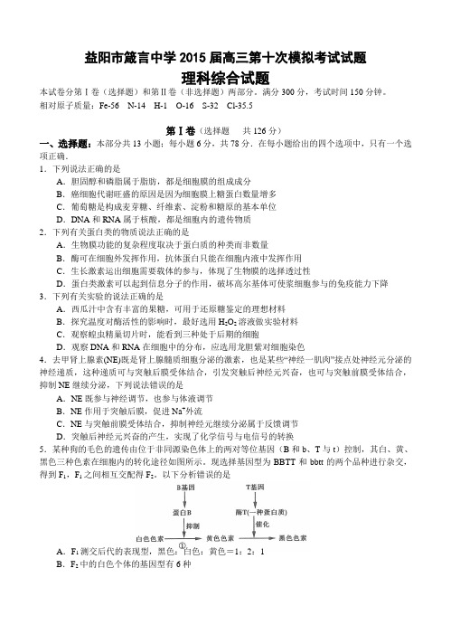 湖南省益阳市箴言中学2015届高三第十次模拟考试(5月)理综试题及答案