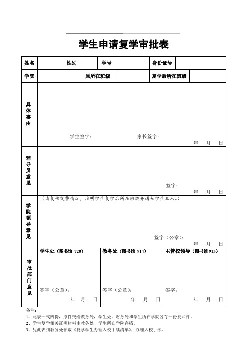 学生申请复学审批表