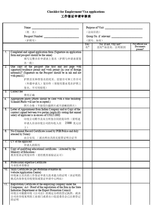 Checklist for Employment Visa applications 工作签证申请审核表