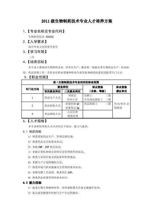 某高职校生物制药技术新人才培养方案