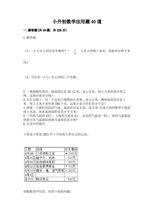 小升初数学应用题40道及答案(基础+提升)