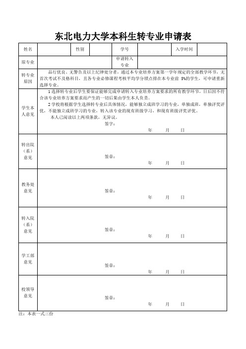 东北电力大学本科生转专业申请表