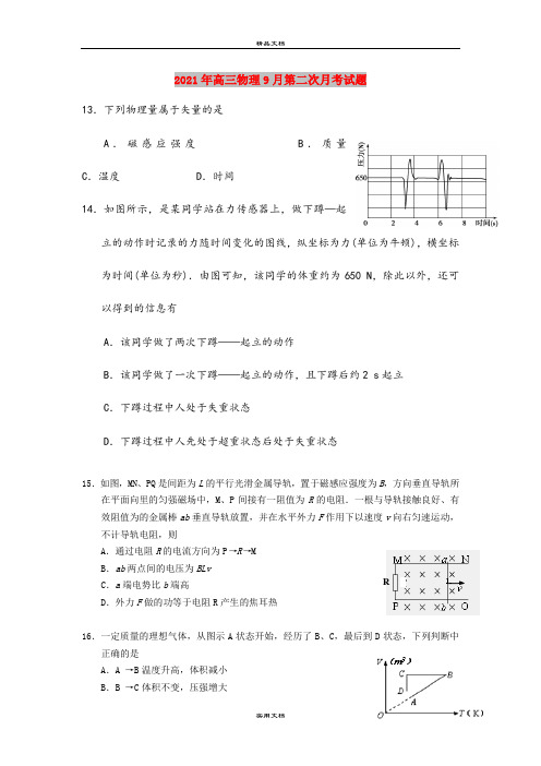 2021年高三物理9月第二次月考试题