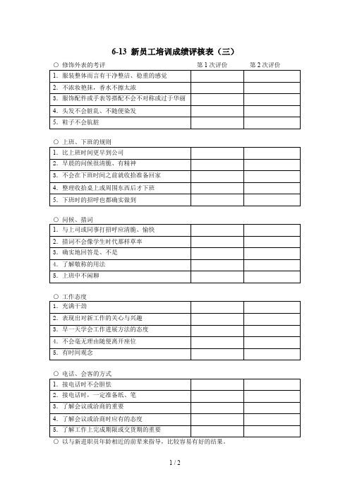 新员工培训成果检测表与成绩评述表汇总