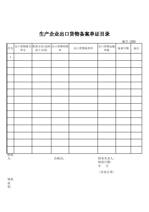 生产企业出口货物备案单证目录表-2015