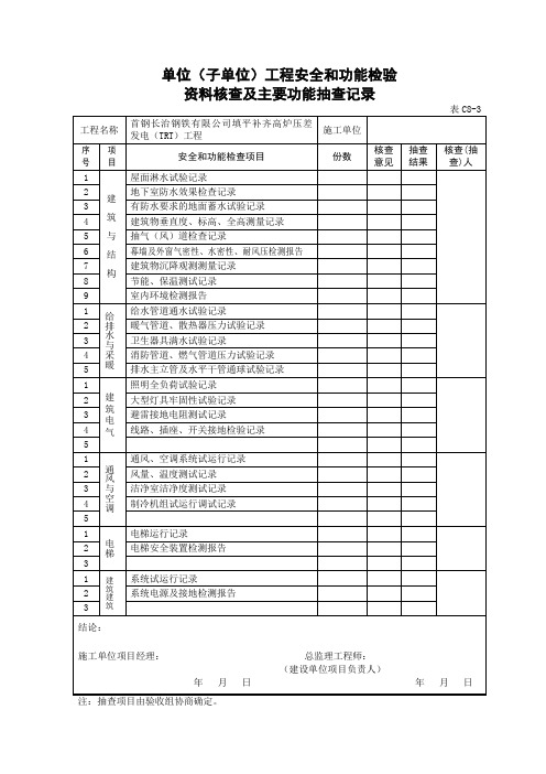 C8-3单位(子单位)工程安全和功能检验资料核查及主要功能抽查记录