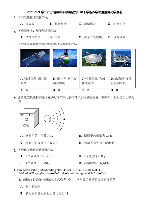 2023-2024学年广东省佛山市顺德区九年级下学期教学质量监测化学试卷