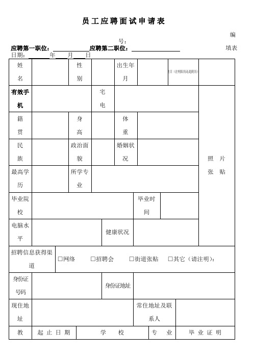 员 工 应 聘 面 试 申 请 表