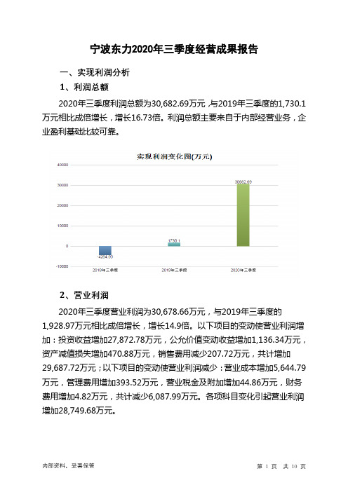 宁波东力2020年三季度经营成果报告