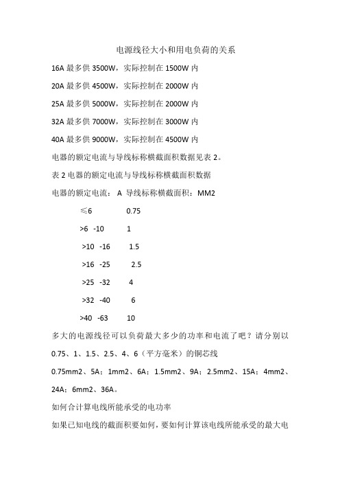 电源线径大小和用电负荷的关系