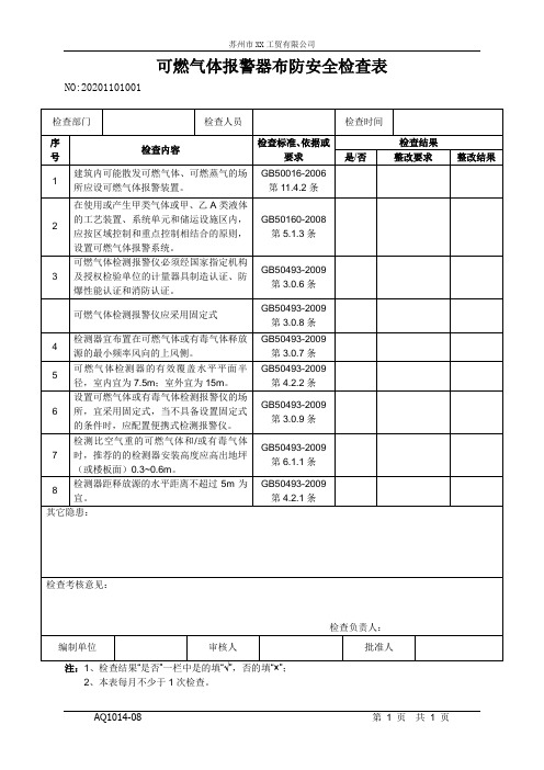 XX工贸有限公司可燃气体报警器检查表