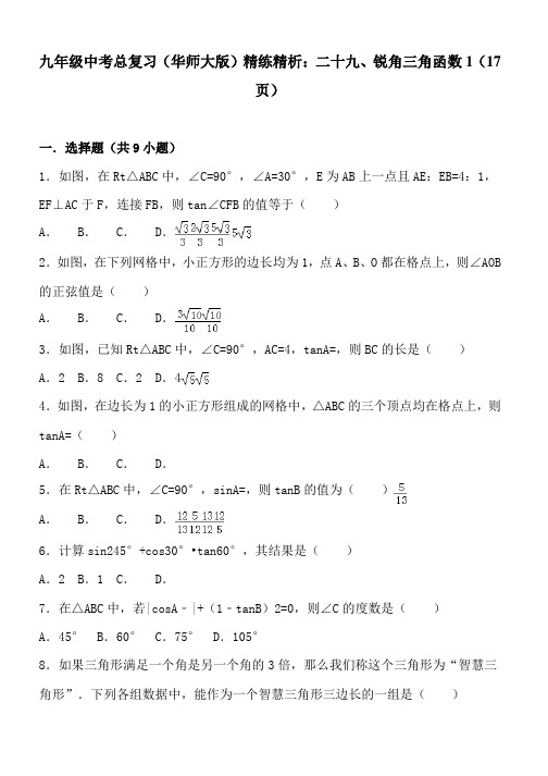 九年级中考总复习(华师大版)精练精析：二十九、锐角三角函数1(17页)