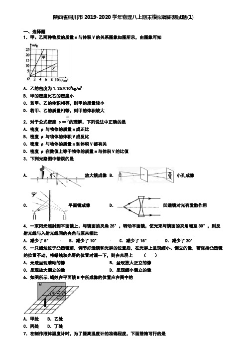 陕西省铜川市2019-2020学年物理八上期末模拟调研测试题(1)