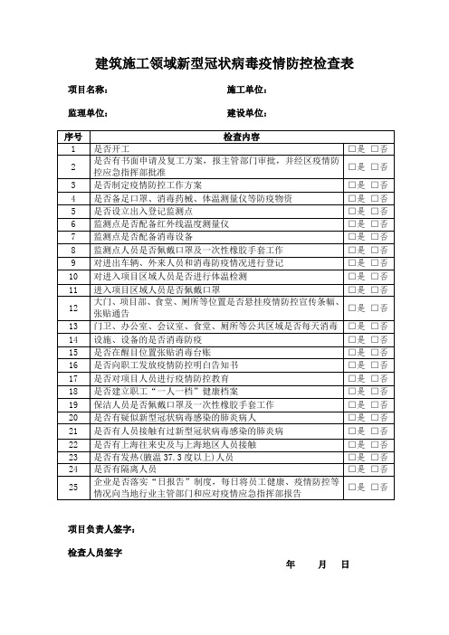 建筑施工领域新型冠状病毒疫情防控检查表