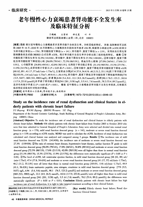 老年慢性心力衰竭患者肾功能不全发生率及临床特征分析