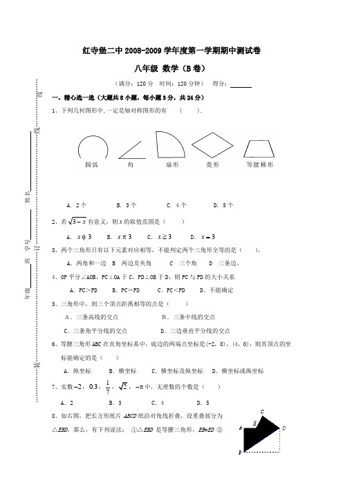 吴忠红寺堡二中08-09学年八年级上期中考试试卷B