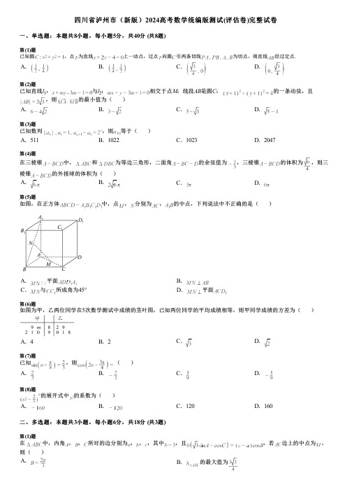 四川省泸州市(新版)2024高考数学统编版测试(评估卷)完整试卷